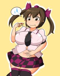 Rule 34 | 1girl, belly rub, big belly, black thighhighs, blush, breasts, brown eyes, brown hair, bursting breasts, checkered clothes, checkered skirt, commentary, eating, fat, fat rolls, food, hair ribbon, hand on own stomach, hat, himekaidou hatate, knees together feet apart, large breasts, manorea, miniskirt, navel, necktie, pizza, pointy ears, ribbon, ribbon-trimmed legwear, ribbon trim, short hair, skirt, solo, spoken sweat, sweat, thick thighs, thighhighs, thighs, tokin hat, touhou, twintails, wavy mouth, weight conscious, zettai ryouiki