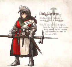 Rule 34 | 1girl, armor, bassinet, belt, boots, brown hair, emblem, english text, full body, gambeson, gauntlets, greaves, helmet, highres, holding, holding weapon, ironlily, lady lucerne (ironlily), long hair, lucerne hammer, medieval, original, polearm, polehammer, scabbard, sheath, solo, standing, sword, weapon