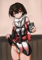 Rule 34 | bare shoulders, black gloves, black skirt, brown eyes, brown hair, cellphone, clothes lift, cosplay, elbow gloves, fingerless gloves, fundoshi, gloves, hair ornament, japanese clothes, kaga (kancolle), kantai collection, long hair, neckerchief, panamacarbine, phone, scarf, school uniform, self exposure, selfie, sendai (kancolle), sendai (kancolle) (cosplay), sendai kai ni (kancolle), serafuku, skirt, skirt lift, smartphone, white scarf