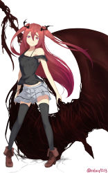 Rule 34 | 1girl, black shirt, black thighhighs, boots, breasts, brown footwear, cleavage, collarbone, crack, cracked floor, floating hair, full body, grey skirt, hair between eyes, hair ornament, highres, holding, holding weapon, huge weapon, long hair, looking at viewer, miniskirt, off shoulder, original, pleated skirt, red eyes, red hair, reluvy, shirt, skirt, sleeveless, sleeveless shirt, small breasts, solo, standing, thighhighs, torn clothes, torn shirt, twintails, twitter username, very long hair, weapon, white background, zettai ryouiki