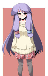Rule 34 | 1girl, :3, contemporary, female focus, grin, hair ribbon, hat, unworn hat, unworn headwear, kotepo, long hair, pantyhose, pantyhose under shorts, patchouli knowledge, plaid, purple hair, red eyes, ribbon, shorts, simple background, smile, solo, sweater, touhou, very long hair