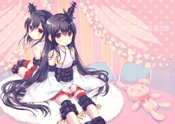 Rule 34 | 10s, 2girls, back-to-back, black hair, detached sleeves, fusou (kancolle), hair ornament, japanese clothes, kantai collection, long hair, multiple girls, nishimura eri, nontraditional miko, red eyes, short hair, siblings, stuffed animal, stuffed rabbit, stuffed toy, very long hair, yamashiro (kancolle), aged down