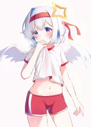 Rule 34 | 1girl, absurdres, amane kanata, angel, angel wings, blue hair, blush, clothes lift, colored inner hair, commentary, covering own mouth, cowboy shot, gym uniform, halo, hanen (borry), headband, highres, hololive, looking away, midriff, midriff peek, multicolored hair, navel, pink hair, purple eyes, red headband, red shorts, shirt, shirt lift, short hair, short shorts, short sleeves, shorts, simple background, solo, standing, star halo, streaked hair, sweat, virtual youtuber, white background, white hair, white shirt, wings