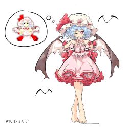 Rule 34 | 1girl, barefoot, blue hair, bow, character name, closed mouth, demon wings, dress, fang, frilled dress, frills, full body, hat, highres, looking at viewer, mob cap, one eye closed, pink dress, primsla, red bow, red eyes, remilia scarlet, short hair, short sleeves, simple background, smile, solo, thought bubble, toes, touhou, vampire, white background, wings