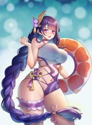 Rule 34 | 1girl, :d, absurdres, alternate costume, blunt bangs, bow, breasts, carrying, choker, commentary request, covered erect nipples, genshin impact, groin, hair bow, hair ornament, hair ribbon, highres, innertube, large breasts, long hair, looking at viewer, low-braided long hair, low-tied long hair, low ponytail, midriff, navel, one-piece swimsuit, open mouth, purple eyes, purple hair, raiden shogun, ribbon, sidelocks, simple background, sleeveless, smile, solo, standing, swim ring, swimsuit, very long hair, vision (genshin impact), xiaomu (a414171448)