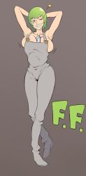 Rule 34 | 1girl, arms behind head, bouncing breasts, breasts, character name, cleavage, foo fighters (jojo), green hair, green lips, grey eyes, grin, highres, jojo no kimyou na bouken, kristallion, large breasts, one eye closed, overalls, short hair, sideboob, smile, solo, stone ocean