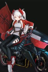 Rule 34 | 1girl, anizi, azur lane, black gloves, black pants, blush, breasts, choker, commentary, cross, gloves, highres, iron cross, large breasts, long hair, looking at viewer, motor vehicle, motorcycle, multicolored hair, pants, prinz eugen (azur lane), red footwear, red gloves, red hair, shoes, silver hair, solo, streaked hair, two-tone gloves, two side up, white footwear