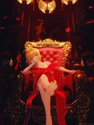 Rule 34 | 1girl, absurdres, bare shoulders, barefoot, blonde hair, chromatic aberration, dress, fate/extra, fate/grand order, fate (series), feet, female focus, gold, green eyes, highres, huge filesize, looking at viewer, nero claudius (fate), nero claudius (fate) (all), noise, qinbl, red dress, servant (fate), soles, solo, throne, toes