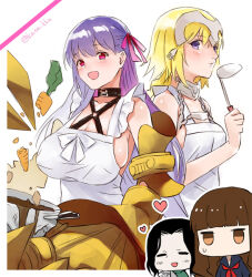 Rule 34 | 1boy, 3girls, apron, black hair, braid, breasts, brown hair, carrot, cleavage, fate/extra, fate/extra ccc, fate (series), gilles de rais (saber) (fate), hair ribbon, heart, holding, holding ladle, jeanne d&#039;arc (fate), jitome, kaidou j1, kishinami hakuno (female), ladle, long hair, multiple girls, naked apron, neckerchief, open mouth, passionlip (fate), pink ribbon, purple hair, red neckerchief, ribbon, sideboob, very long hair, white apron, white ribbon