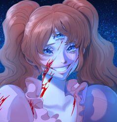 Rule 34 | 1girl, absurdres, blood, blood on clothes, blood on face, blue eyes, blush, brown hair, charlotte pudding, commentary request, crying, crying with eyes open, dress, eyelashes, highres, long hair, looking at viewer, nose, one piece, pink dress, rita ya, sad smile, solo, tears, teeth, third eye, twintails, upper body