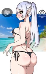 Rule 34 | 1girl, ass, ass focus, bikini, butt crack, dangle earrings, dizzle, drop earrings, earrings, elf, frieren, from behind, green eyes, highres, huge ass, jewelry, long hair, looking at viewer, looking back, parted bangs, pointy ears, solo, sousou no frieren, swimsuit, thick thighs, thighs, thong, thong bikini, twintails, white hair
