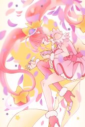 Rule 34 | blunt bangs, boots, choker, closed eyes, commentary request, cure star, hair ornament, high heels, highres, hoshina hikaru, long hair, magical girl, petals, pink choker, pink footwear, pink hair, planet hair ornament, pouch, precure, single thigh boot, star (symbol), star choker, star twinkle precure, strawberrylove2525, thigh boots, very long hair