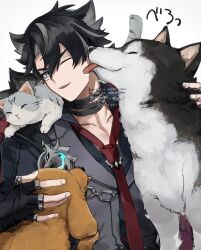 1boy animal animal_on_shoulder artist_name bandaged_neck bandages black_gloves black_hair black_necktie black_shirt blue_eyes cat cat_on_shoulder chain coat coat_on_shoulders collared_shirt commentary_request dog facial_scar fingerless_gloves fur-trimmed_coat fur_trim genshin_impact gloves grey_cat grey_hair grey_vest hair_between_eyes highres lapels licking licking_another&#039;s_cheek licking_another&#039;s_face male_focus multicolored_hair necktie one_eye_closed open_mouth parted_bangs petting scar scar_on_cheek scar_on_face scar_on_neck shirt short_hair simple_background smile solo streaked_hair teeth tongue tongue_out twitter_username upper_body upper_teeth_only vest watermark white_background wolf wriothesley_(genshin_impact) yuu_(areruya)