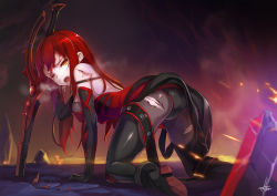 Rule 34 | 1girl, all fours, artist request, bad id, bad pixiv id, belt, black gloves, black panties, black pantyhose, blood, blood on face, blurry, boots, breath, broken, broken sword, broken weapon, collaboration, crimson avenger (elsword), defeat, dress, elbow gloves, elesis (elsword), elsword, full body, gloves, hagha, high heel boots, high heels, holding, holding sword, holding weapon, injury, long hair, looking at viewer, looking back, one eye closed, open mouth, panties, panties over pantyhose, pantyhose, red hair, saliva, scratches, signature, sleeveless, sleeveless dress, solo, strap slip, sword, thigh boots, thighhighs, torn clothes, torn legwear, underwear, weapon, yellow eyes