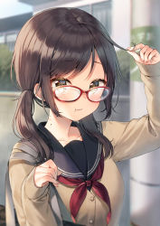 Rule 34 | 1girl, apartment, bag, beige cardigan, blurry, blurry background, brown eyes, brown hair, cardigan, collarbone, commentary request, glasses, hair between eyes, holding, holding own hair, long hair, long sleeves, looking at viewer, low twintails, midorikawa you, mole, mole on neck, neckerchief, original, outdoors, pout, red neckerchief, revision, sailor collar, shoulder bag, sidelocks, solo, swept bangs, twintails, upper body