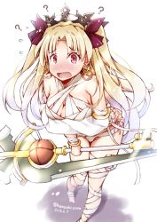Rule 34 | 1girl, ?, bandaged arm, bandaged leg, bandages, bare shoulders, blonde hair, blush, bow, bracelet, breasts, cleavage, cosplay, crossdressing, dated, detached sleeves, earrings, ereshkigal (fate), fate/grand order, fate (series), frankenstein&#039;s monster (fate), frankenstein&#039;s monster (swimsuit saber) (fate), frankenstein&#039;s monster (swimsuit saber) (fate) (cosplay), frankenstein&#039;s monster (swimsuit saber) (third ascension) (fate), full body, hair bow, highres, holding, holding sword, holding weapon, hoop earrings, jewelry, kanzaki sora, large breasts, long hair, long sleeves, looking at viewer, nose blush, open mouth, panties, parted bangs, red bow, red eyes, single sleeve, standing, sword, tears, tiara, twitter username, two side up, underwear, weapon, white background, white legwear, white panties