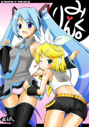 Rule 34 | blue eyes, blue hair, detached sleeves, hatsune miku, headphones, kagamine rin, long hair, necktie, panties, pochi (pochi-goya), striped clothes, striped panties, thighhighs, twintails, underwear, very long hair, vocaloid