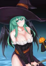 Rule 34 | 1girl, alternate costume, bare shoulders, blue background, blush, breasts, broom, cleavage, collarbone, cosplay, cowboy shot, detached sleeves, dragon&#039;s crown, female focus, gradient background, green eyes, green hair, halloween, hat, holding, jack-o&#039;-lantern, kantai collection, large breasts, long hair, long sleeves, looking at viewer, matching hair/eyes, pumpkin, solo, sorceress (dragon&#039;s crown), sorceress (dragon&#039;s crown) (cosplay), sukitsukasa, suzuya (kancolle), v arms, water, wings, witch hat