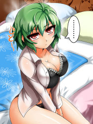Rule 34 | ..., 1girl, bed, black bra, black panties, blanket, blush, bra, breasts, cleavage, dress shirt, floral print, green hair, highres, kazami yuuka, lace, lace-trimmed bra, lace trim, large breasts, long sleeves, looking at viewer, no pants, on bed, open clothes, open shirt, panties, pillow, red eyes, shirt, sitting, solo, sweat, touhou, underwear, v arms, white shirt, yazuki gennojou