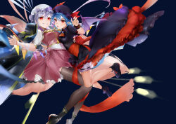 Rule 34 | 2girls, bat wings, black background, black cape, black dress, black footwear, black thighhighs, bloomers, blue hair, cape, commentary, crystal, dress, ekater, flandre scarlet, flandre scarlet (vampire pursuing the hunter), full body, grey hair, hat, hat ribbon, highres, mob cap, multiple girls, pointy ears, red eyes, red ribbon, red skirt, remilia scarlet, remilia scarlet (tiny devil mistress), ribbon, siblings, simple background, sisters, skirt, smile, thighhighs, touhou, touhou lostword, underwear, white headwear, wings, wrist cuffs