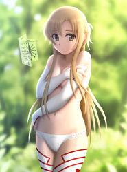 Rule 34 | 10s, 1girl, asuna (sao), bow, bow panties, breast hold, breasts, brown eyes, brown hair, cleavage, covering privates, covering breasts, elbow gloves, gloves, highres, long hair, navel, panties, siraha, solo, sword art online, thighhighs, topless, underwear, underwear only, white panties