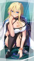 Rule 34 | + +, 1girl, anchor symbol, azur lane, black leotard, black shorts, black thighhighs, blonde hair, blue eyes, blush, breast tattoo, breasts, cleavage, coat, collarbone, commentary request, dark-skinned female, dark skin, diffraction spikes, elbow on knee, fang, full body, grin, gyaru, hair between eyes, hair ornament, hairclip, hand on own chin, heart, heart tattoo, highres, id card, jacket, jacket on shoulders, large breasts, leotard, leotard under clothes, light particles, light rays, looking at viewer, marblehead (azur lane), multicolored hair, nail polish, panties, panty peek, pink hair, pink nails, pink panties, ru-ne, rudder footwear, scrunchie, shadow, short hair with long locks, short shorts, shorts, sidelocks, smile, solo, sparkle, squatting, tattoo, thigh strap, thighhighs, two-tone hair, underwear, white coat, wrist scrunchie