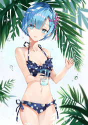 Rule 34 | 1girl, absurdres, alternate costume, bare shoulders, bikini, blue bikini, blue eyes, blue hair, breasts, bubble, cleavage, collarbone, commentary request, cup, hair ornament, hair over one eye, heom, highres, holding, holding cup, looking at viewer, medium breasts, navel, open mouth, outdoors, re:zero kara hajimeru isekai seikatsu, rem (re:zero), ribbon, short hair, side-tie bikini bottom, smile, solo, swimsuit, x hair ornament