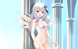 Rule 34 | 1girl, angel, angel girl, arial yuriko, belly, blush, bow, bra, breasts, commission, feathers, hair ornament, halo, highres, holding, holding panties, holding underwear, jewelry, kiniro tofu, knee up, knees up, leaning back, leaning on object, looking at viewer, multicolored eyes, multicolored hair, navel, nude, open mouth, panties, partially undressed, pillar, pink ribon, pussy, ribbon, smile, solo, teeth, underwear, underwear only, upper teeth only, virtual youtuber, vreverie, wallpaper, white bra, white panties, wings