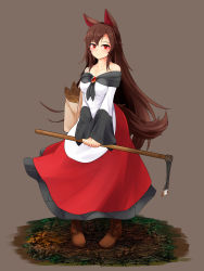 Rule 34 | 1girl, absurdres, animal ears, boots, brooch, brown hair, dress, highres, hoe, imaizumi kagerou, jewelry, light smile, long hair, long sleeves, looking at viewer, nama shirasu, off-shoulder dress, off shoulder, red eyes, solo, tail, touhou, white dress, wolf ears, wolf girl, wolf tail