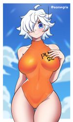 Rule 34 | 1girl, :&gt;, antennae, artist request, bare legs, bare shoulders, blue sky, breasts, curvy, emphasis lines, hair over one eye, hand on own chest, headphones, highres, large breasts, looking at viewer, one-piece swimsuit, one piece, orange one-piece swimsuit, shiny clothes, shiny skin, short hair, sky, solo, standing, swimsuit, thighs, vegapunk lilith, white hair, wide hips