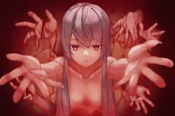 Rule 34 | 1girl, blood, blood on hands, breasts, convenient censoring, degtyaryov2952, eldritch abomination, extra arms, from above, grey hair, hair censor, hair over breasts, long hair, looking at viewer, naraku, naraku 2, neun 02, nude, outstretched arms, red eyes, smile, solo, veins