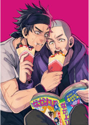 Rule 34 | 2boys, asirpa, black pants, blue hairband, buzz cut, casual, character request, contemporary, crepe, eating, feeding, food, golden kamuy, grey hair, hairband, highres, hood, hoodie, kyosuke, long sideburns, magazine (object), multiple boys, page number, pants, pink background, purple hoodie, scan, scar, scar on face, scar on nose, shiraishi yoshitake, shirt, short hair, short sleeves, sideburns, sugimoto saichi, sweatdrop, t-shirt, very short hair, wristband, yellow eyes