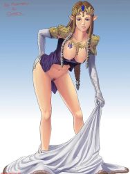 Rule 34 | 1girl, artist request, bent over, blue eyes, bottomless, breasts, brown hair, elbow gloves, female pubic hair, gloves, hand on own hip, hip focus, large breasts, legs, lips, long hair, nintendo, no panties, non-web source, open clothes, open shirt, pointy ears, princess zelda, pubic hair, shirt, solo, source request, the legend of zelda, the legend of zelda: twilight princess, uncensored, undressing