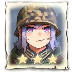 Rule 34 | 1girl, camouflage, camouflage headwear, closed mouth, company of heroes, german army, hair between eyes, hat, helmet, jacket, long hair, lowres, military, military hat, military jacket, military uniform, mouth hold, original, panzergrenadier, panzergrenadier (company of heroes), portrait, purple eyes, purple hair, solo, stalk in mouth, uniform, world war ii, zhainan s-jun