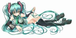 Rule 34 | 1girl, blush, boots, bottomless, detached sleeves, green eyes, green hair, hatsune miku, headset, highres, long hair, lying, matching hair/eyes, navel, necktie, no panties, platform footwear, simple background, skyclayman, solo, thigh boots, thighhighs, twintails, very long hair, vocaloid, white background