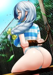 Rule 34 | 1girl, ass, bdsm, blonde hair, braid, braided ponytail, breasts, commission, day, fence, fundoshi, hair ornament, hair ribbon, hajime (wkpz8247), highres, japanese clothes, midriff, no pants, original, pixiv commission, prison clothes, restrained, ribbon, sitting, tree, uniform, white hair