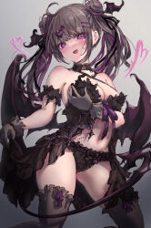 Rule 34 | 1girl, aroused, babydoll, babydoll lift, black babydoll, black choker, black panties, black ribbon, black thighhighs, blunt bangs, blurry, blush, breasts, choker, cleavage, commentary, criss-cross halter, curvy, demon girl, demon tail, demon wings, depth of field, double bun, eyelashes, feet out of frame, frilled panties, frills, gloves, grabbing own breast, grey background, grey gloves, grey hair, hair bun, hair ornament, hair ribbon, hairclip, halterneck, head tilt, head wings, heart, heart-shaped pupils, heart hair ornament, highres, kneeling, large breasts, lifted by self, long hair, looking at viewer, missile228, multicolored hair, navel, nose blush, open mouth, original, panties, purple eyes, purple hair, ribbon, simple background, smile, solo, streaked hair, symbol-shaped pupils, tail, thighhighs, thighs, tsurime, twintails, underwear, wings