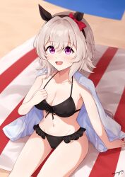 Rule 34 | 1girl, absurdres, alternate costume, animal ears, beach, bikini, blush, breasts, collarbone, commentary request, curren chan (umamusume), goom (goomyparty), grey hair, groin, highres, horse ears, horse girl, horse tail, jacket, looking at viewer, medium breasts, medium hair, navel, open mouth, purple eyes, sand, solo, swimsuit, tail, umamusume