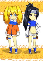 Rule 34 | 2girls, alternate eye color, arm warmers, bag, black hair, blonde hair, blue eyes, blue jacket, blue shirt, blush, breasts, chest wrap, closed mouth, curious, curse seal, expressionless, facial mark, facing viewer, forehead protector, full body, genderswap, genderswap (mtf), hair between eyes, hand on own hip, headband, high ponytail, jacket, konohagakure symbol, koube an, long hair, long sleeves, looking at another, looking away, looking to the side, micro shorts, midriff, multicolored clothes, multicolored jacket, multiple girls, naruko (naruto), naruto, naruto (series), navel, ninja, open fly, orange jacket, ponytail, purple eyes, sandals, sarashi, shadow, shirt, shorts, small breasts, standing, stomach tattoo, tattoo, thigh strap, twintails, uchiha sasuke, unbuttoned, uzumaki naruto, very long hair, whisker markings, whiskers, white jacket, wrappings, zipper, zipper pull tab