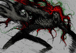 Rule 34 | abelardo, blood-starved beast, bloodborne, claws, cloak, emaciated, fangs, flayed skin, hollow eyes, horror (theme), looking at viewer, monster, monster focus, motion blur, no humans, open mouth, red cloak, ribs, sharp teeth, solo, teeth