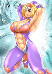 Rule 34 | 1girl, abs, alop-net, arms behind head, blonde hair, breasts, character request, cleavage, highres, large breasts, lipstick, macto, makeup, muscular, open mouth, purple eyes, skin tight, solo, source request, zoom layer