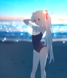 Rule 34 | 1girl, absurdres, adjusting hair, armpits, arms up, artist request, beach, bloom, blue archive, blue eyes, blue halo, blue one-piece swimsuit, blurry, blurry background, blush, bow, casual one-piece swimsuit, covered navel, frilled one-piece swimsuit, frills, game cg, hair between eyes, hair bow, halo, highres, long hair, looking at viewer, miyako (blue archive), miyako (swimsuit) (blue archive), non-web source, off-shoulder one-piece swimsuit, off shoulder, official alternate costume, official art, one-piece swimsuit, ponytail, presenting armpit, solo, swimsuit, two-tone one-piece swimsuit, very long hair, wet, white hair