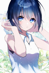 Rule 34 | 1girl, absurdres, bare arms, blue eyes, blue hair, blush, collared shirt, hair between eyes, highres, looking at viewer, nolma7, original, parted lips, shirt, short hair, sleeveless, sleeveless shirt, solo, upper body, white background, white shirt, wing collar