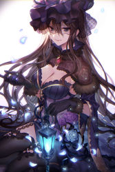 Rule 34 | 1girl, bad id, bad twitter id, bare arms, black gloves, black veil, blue dress, blue eyes, blue flower, blue rose, breasts, brown hair, cape, cleavage, cleavage cutout, clothing cutout, commentary, doushite, dress, flower, fur-trimmed cape, fur trim, garter straps, gloves, granblue fantasy, highres, holding, holding lantern, lantern, large breasts, long hair, petals, purple flower, purple headwear, purple rose, rose, rosetta (granblue fantasy), rosetta (halloween) (granblue fantasy), simple background, sitting, smile, solo, symbol-only commentary, thighhighs, thorns, veil, very long hair, white background