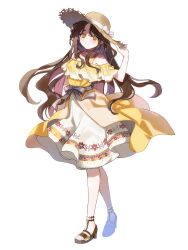 Rule 34 | 1girl, brown eyes, brown footwear, brown hair, chain paradox, dress, hand up, hat, highres, long hair, mp cookie, nanamori minoru, sandals, solo, standing, straw hat, sun hat, transparent background, yellow dress