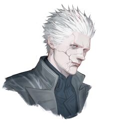 Rule 34 | 1boy, blue eyes, cracked skin, devil may cry (series), devil may cry 5, expressionless, highres, looking at viewer, looking to the side, male focus, sgkg108, simple background, solo, vergil (devil may cry), white hair