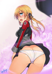 Rule 34 | 10s, 1girl, ass, blonde hair, blue eyes, blush, butt crack, cross, def (chronowarld), from behind, iron cross, kantai collection, long hair, looking at viewer, looking back, low twintails, panties, prinz eugen (kancolle), signature, skirt, solo, twintails, underwear, uniform, upskirt, white panties