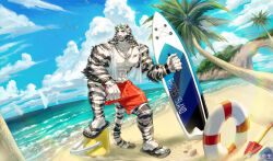 Rule 34 | 1boy, abs, absurdres, alternate costume, animal ears, arknights, bara, bare pectorals, beach, blue sky, chest tuft, cloud, day, dog tags, facial hair, full body, furry, furry male, goatee, highres, holding, holding surfboard, horizon, hujusheng, innertube, jacket, large hands, large pectorals, legs apart, male focus, male swimwear, mountain (arknights), muscular, muscular male, nipples, ocean, outdoors, palm tree, pectorals, planted, red male swimwear, sand, scar, scar across eye, scar on arm, see-through, see-through jacket, shore, short hair, sky, slippers, smile, solo, standing, starfish, stomach, surfboard, swim ring, swim trunks, thick eyebrows, tiger boy, tiger ears, tree, water, white hair