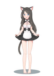 Rule 34 | 1girl, absurdres, aina (mao lian), animal ears, apron, barefoot, black dress, black hair, blue eyes, blush, breasts, cat ears, cat tail, choker, cleavage, cleavage cutout, clothes lift, clothing cutout, dress, dress lift, full body, highres, lifting own clothes, long hair, looking at viewer, maid, mao lian (nekokao), medium breasts, open mouth, original, simple background, solo, standing, tail, toes, waist apron, white apron, white background