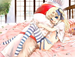 Rule 34 | 00s, 1girl, blonde hair, blue eyes, bottomless, canvas 2, flat chest, hair ribbon, housen elis, indoors, navel, no shoes, open clothes, open shirt, paint, panties, ribbon, shirt, solo, striped clothes, striped thighhighs, thighhighs, twintails, underwear